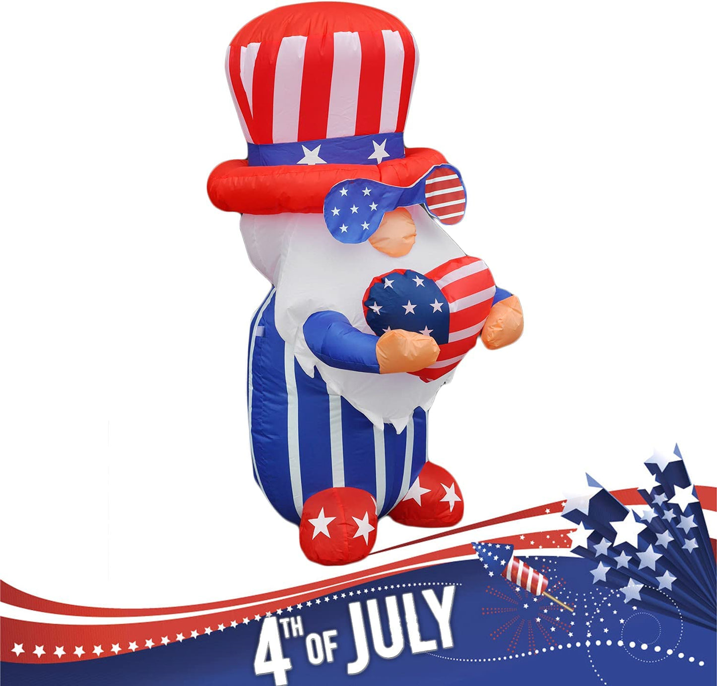 4ft Inflatable 4th of July Independent Gnome Holding America Heart & LED Home Decoration