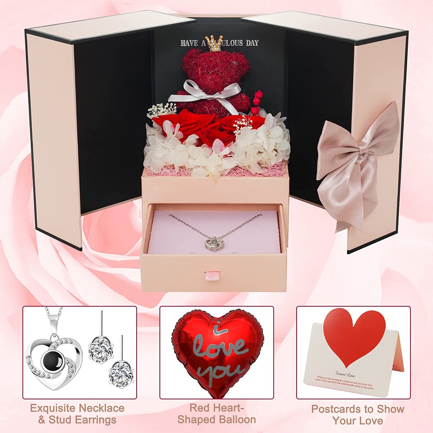 Preserve Rose Cute Bear Gifts Set w/ Necklace w/ Heart-Shaped I Love You in 100 Languages, Red