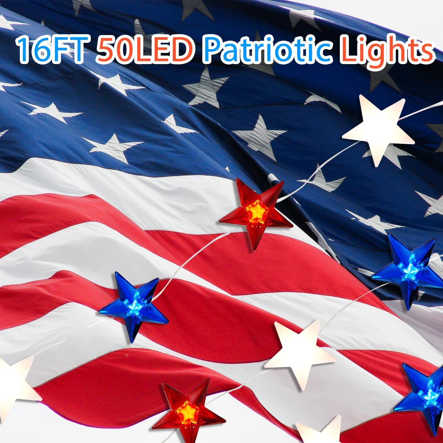 4th of July Decorations Red White and Blue Lights Battery Operated String Lights 16FT 50 LED
