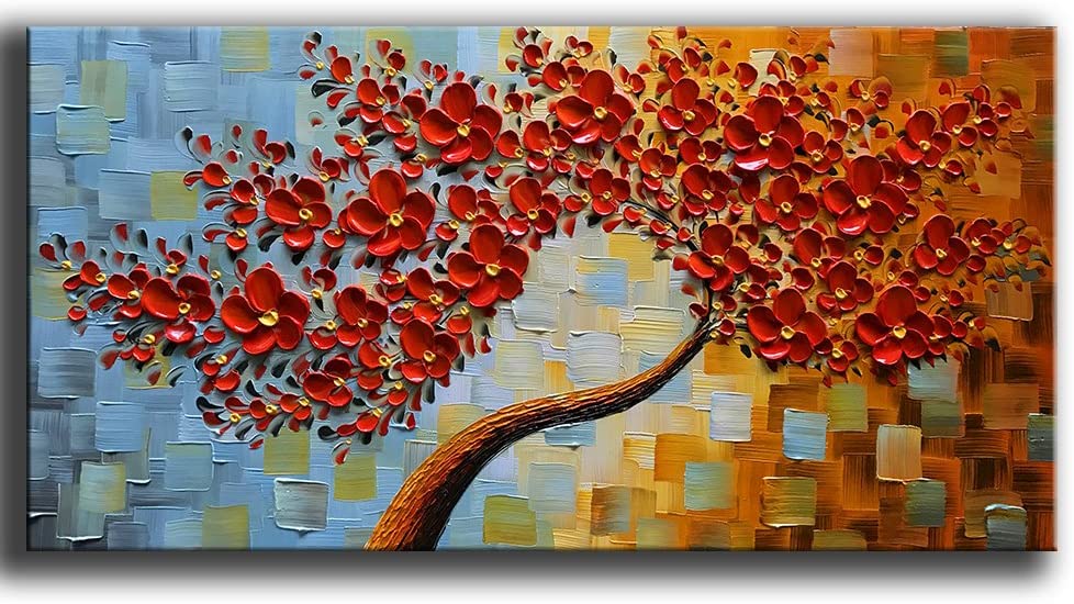 Art -hand Painted Contemporary Oil Painting On Canvas Texture Palette Knife Tree Paintings Modern Home Decor 3D Red Flowers Ready to hang 20x40inch