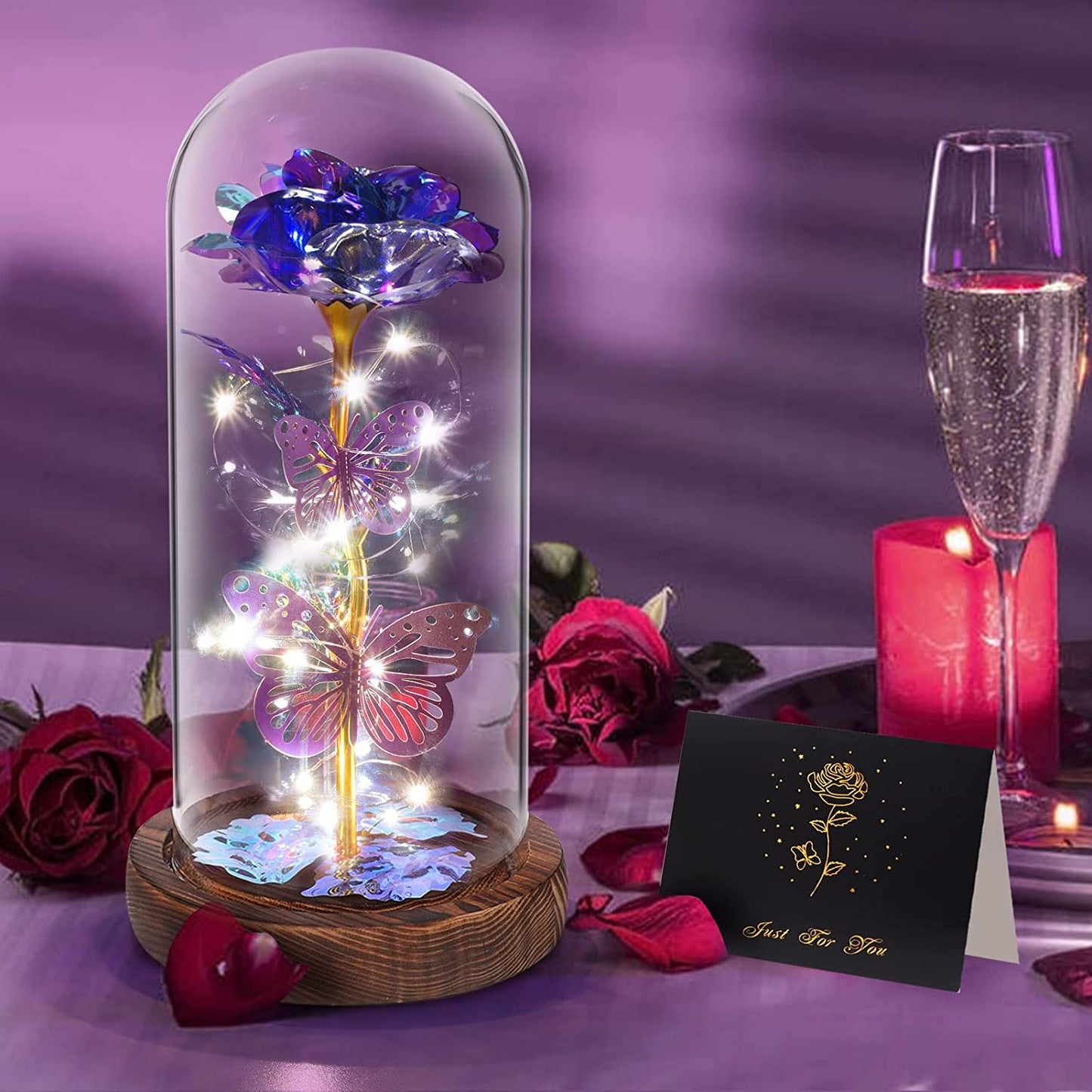 Valentines Day Gifts, Light Up Preserved Galaxy Rose, Flower Butterfly in Glass Dome, Purple