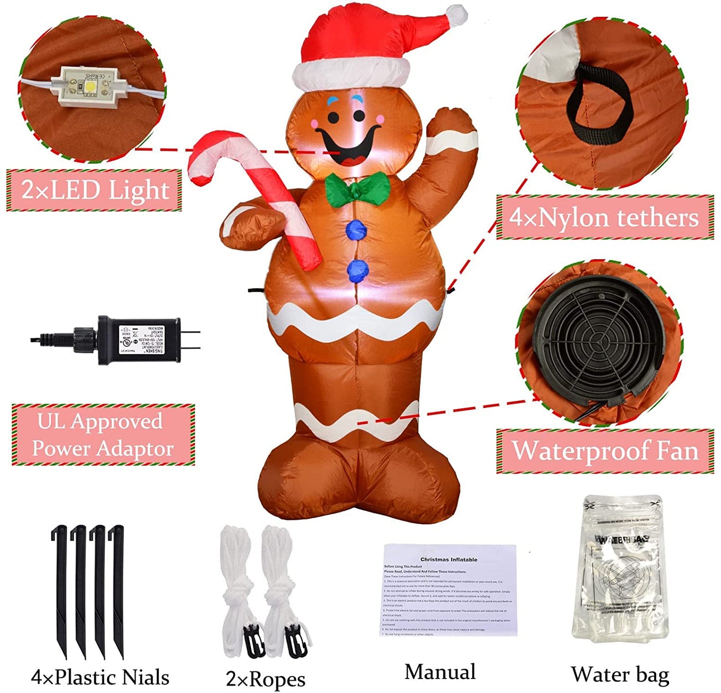 5ft Inflatable LED Lighted Gingerbread Man with Candy Cane Blow up Outdoor Yard Decoration