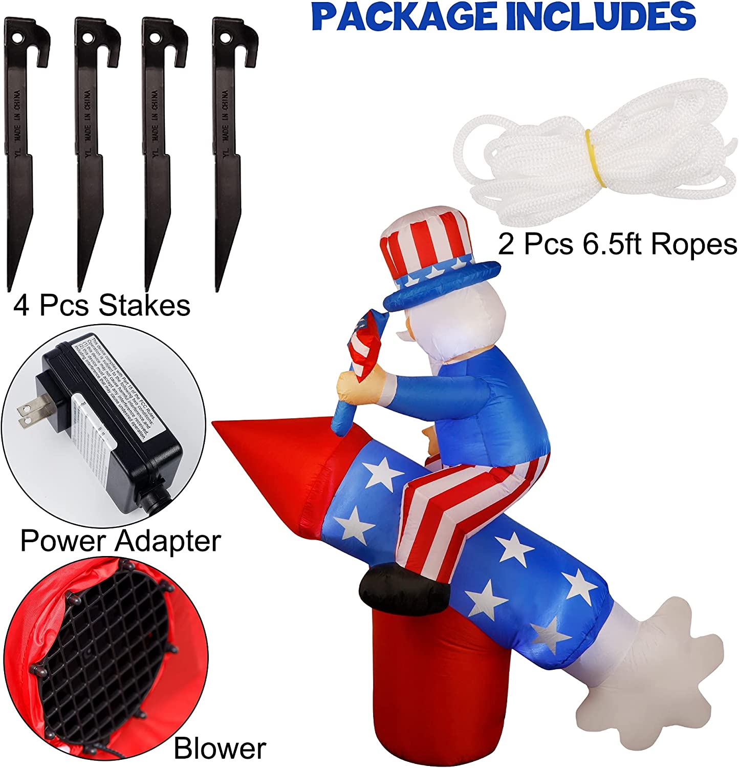 5.6 FT Patriotic Independence Day 4th of July Uncle Sam on Rocket w/ LEDS