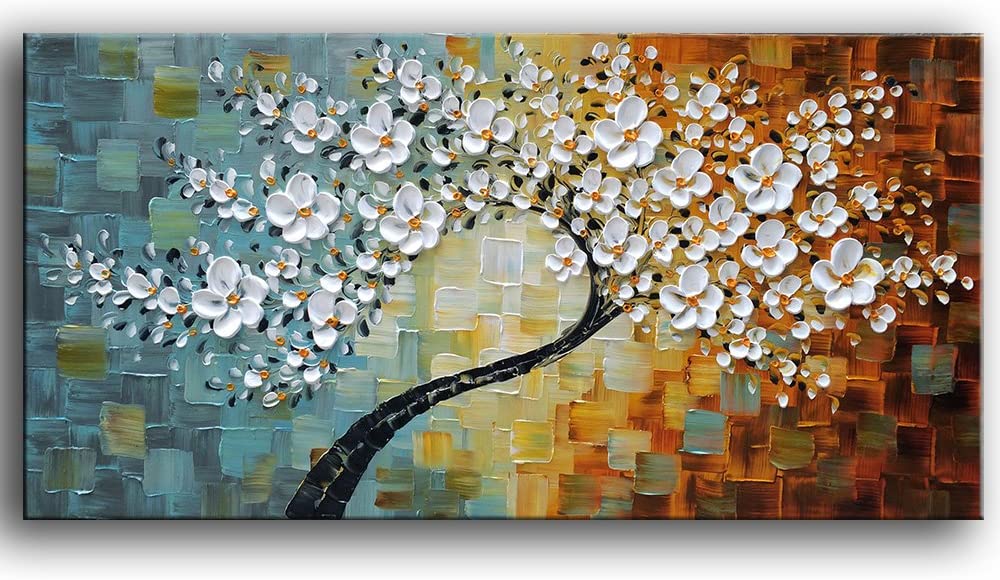 100% Hand-Painted Contemporary Oil Painting On Canvas Texture Palette Knife Tree Modern Home Interior Decor Abstract Art 3D Flowers Paintings Ready to Hang 24x48inch