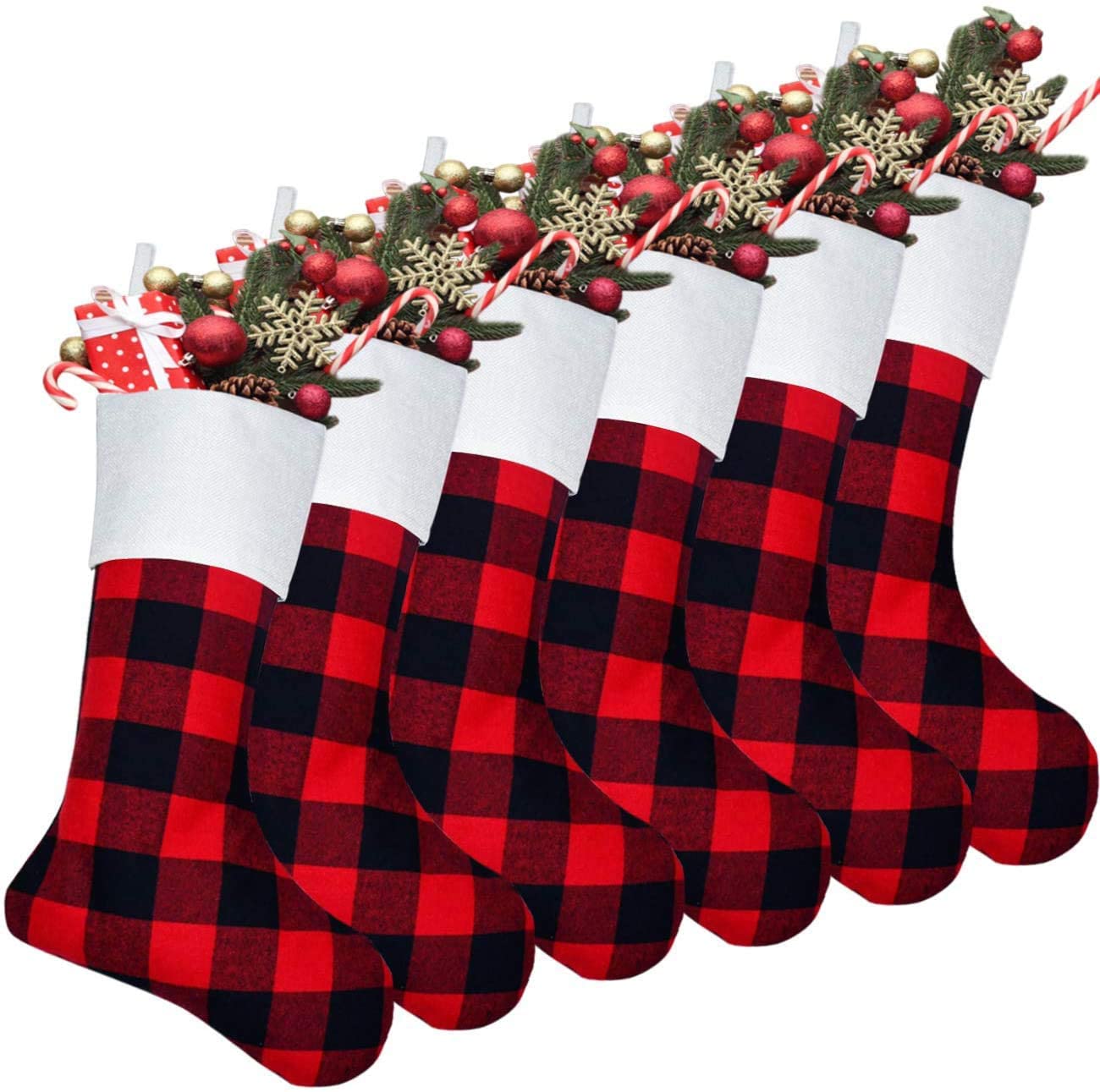 6 Pack Christmas Stockings- 18 Inch Red Black Buffalo Plaid Christmas Stockings