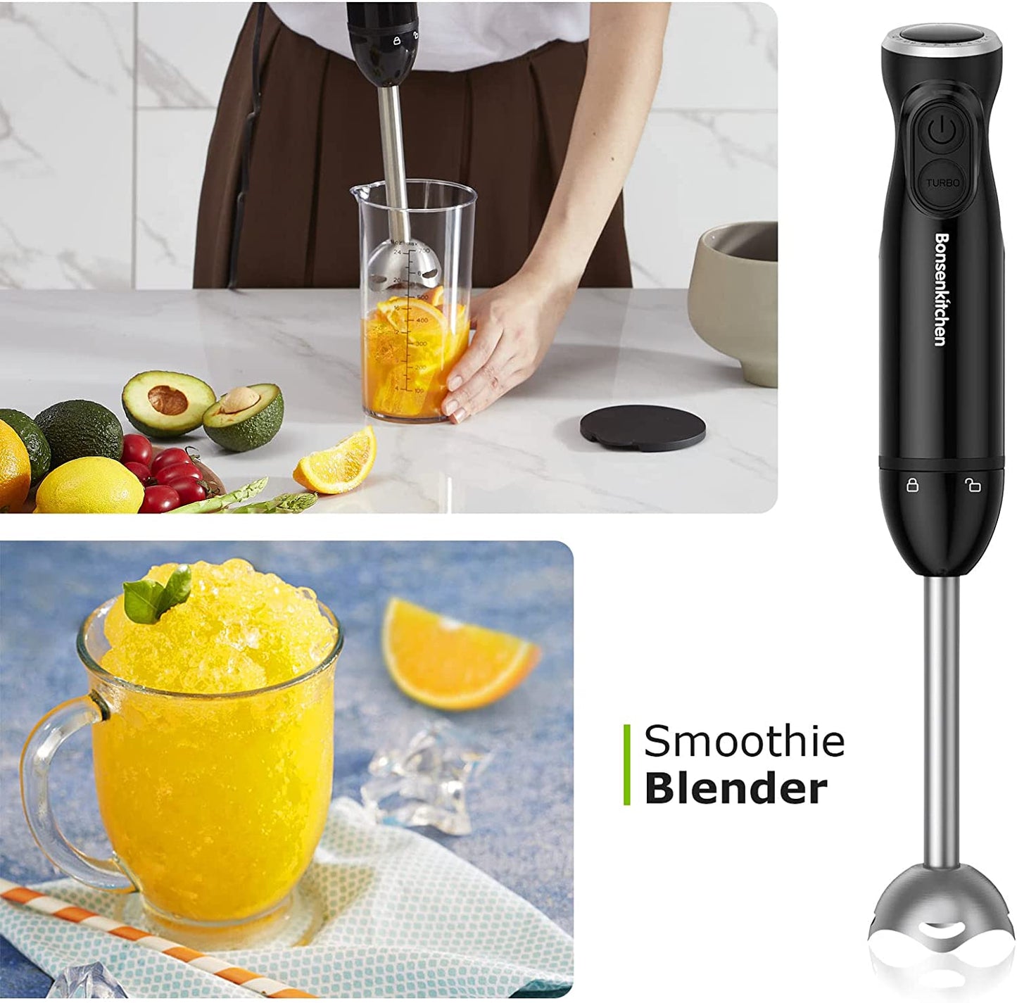 3 in 1 Kitchen Immersion Blender Handheld, 12-Speed & Turbo Hand Blender Electric w/ Sharp Blades w/ Egg Whisk, 24oz Beaker