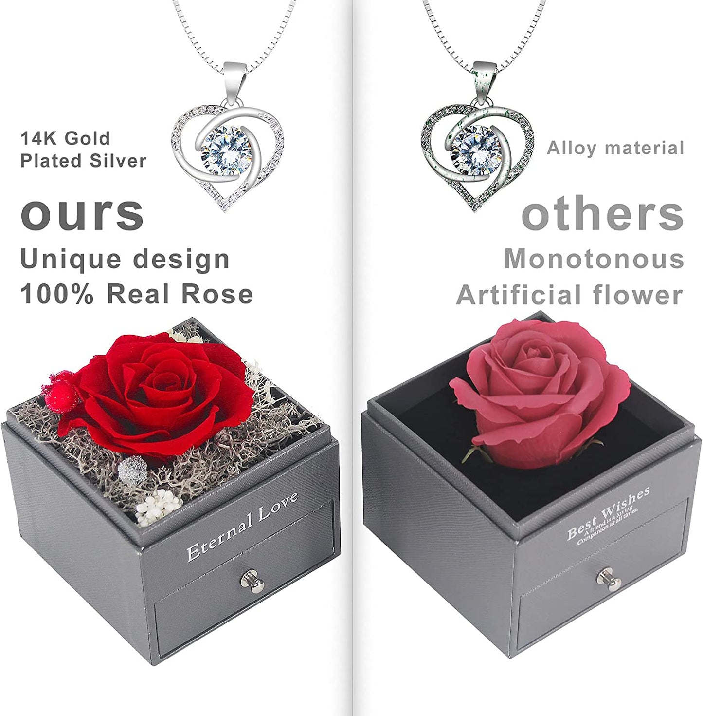 Valentines Day Gifts, Preserved Real Red Rose Jewelry Box w/ 14K Gold Plated Silver Heart Necklace (Red)