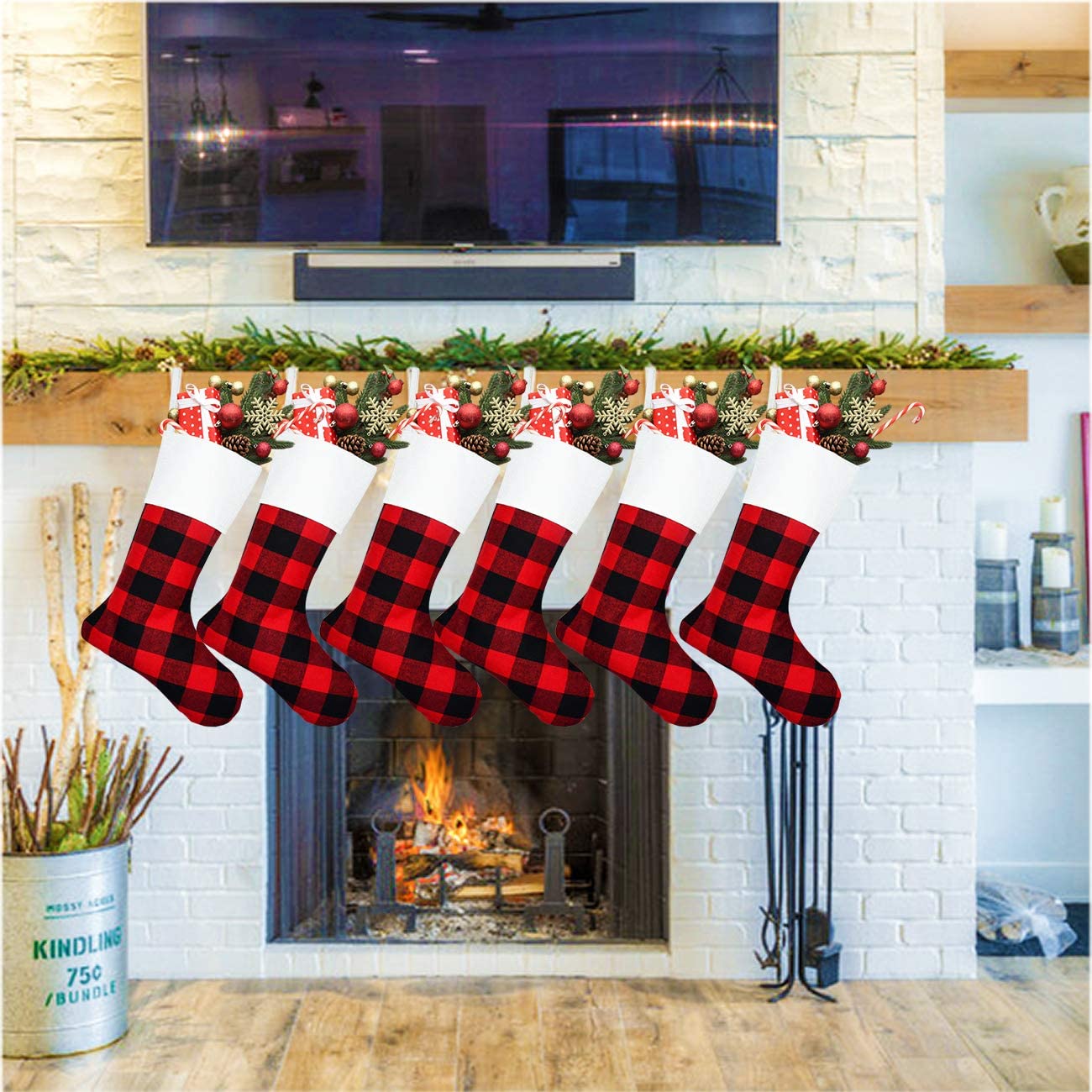 6 Pack Christmas Stockings- 18 Inch Red Black Buffalo Plaid Christmas Stockings