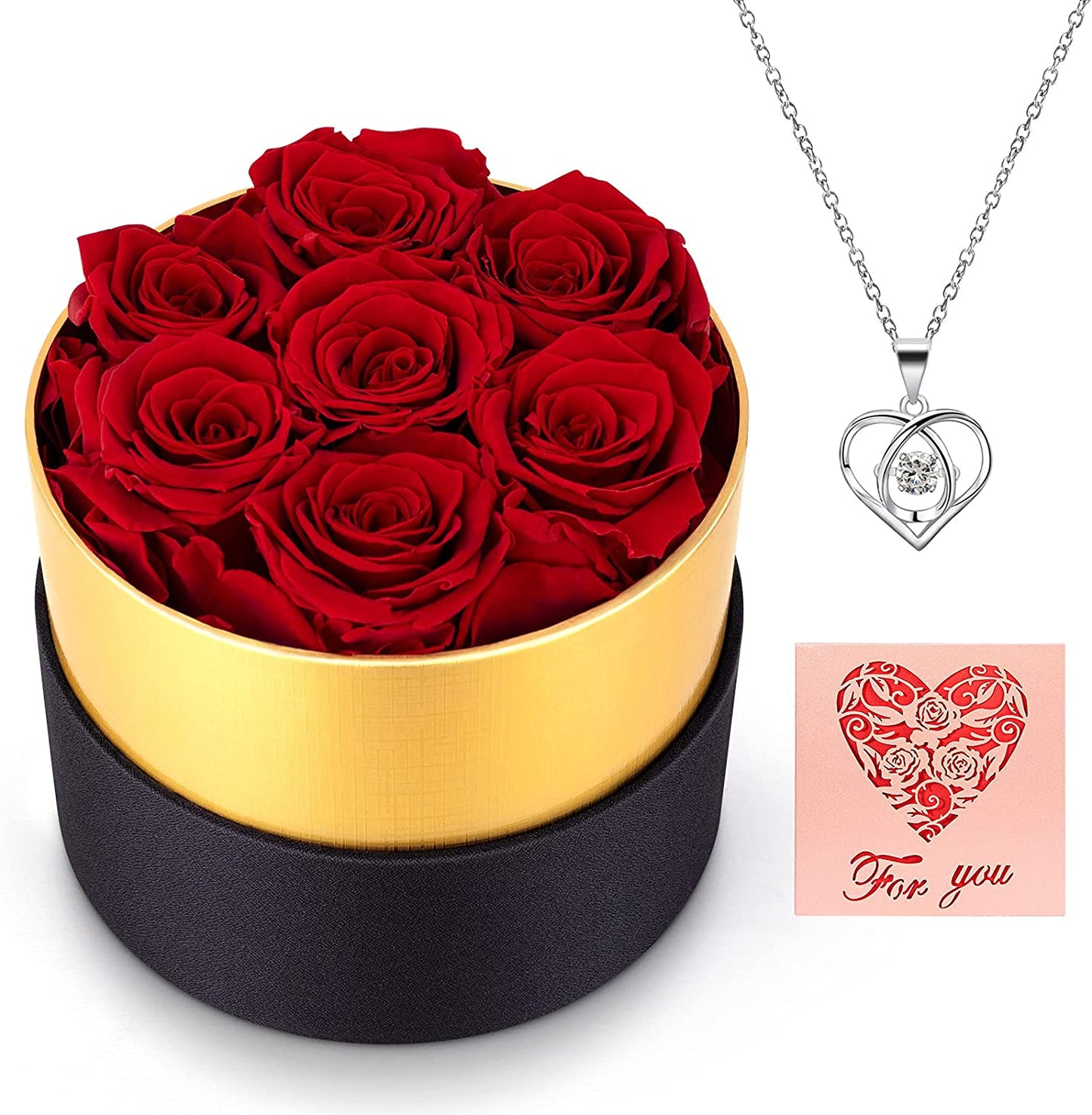 Preserved Real Roses w/ Heart Necklace, Valentines Day Gifts for Her, Forever Rose (Red)