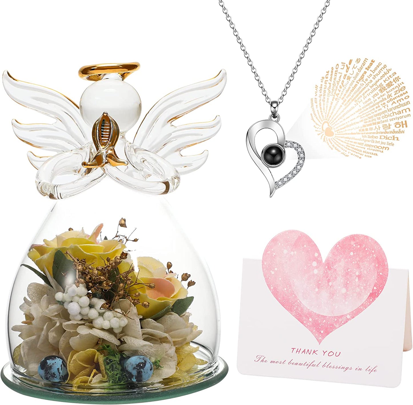 Mothers Day Gifts for Women Simulated Flowers Roses Hydrangeas Glass Angels (Yellow Pink)