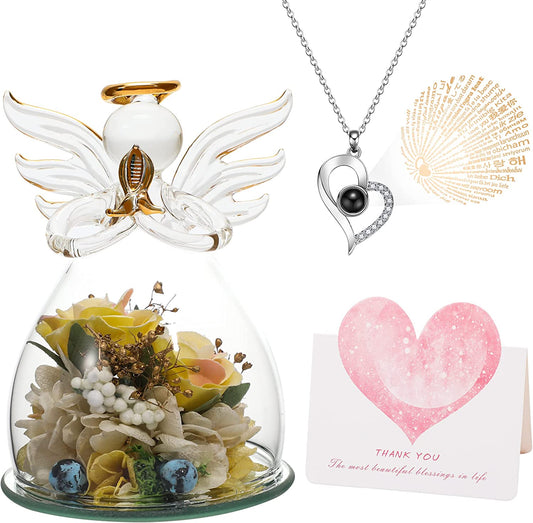 Mothers Day Gifts for Women Simulated Flowers Roses Hydrangeas Glass Angels (Yellow Pink)