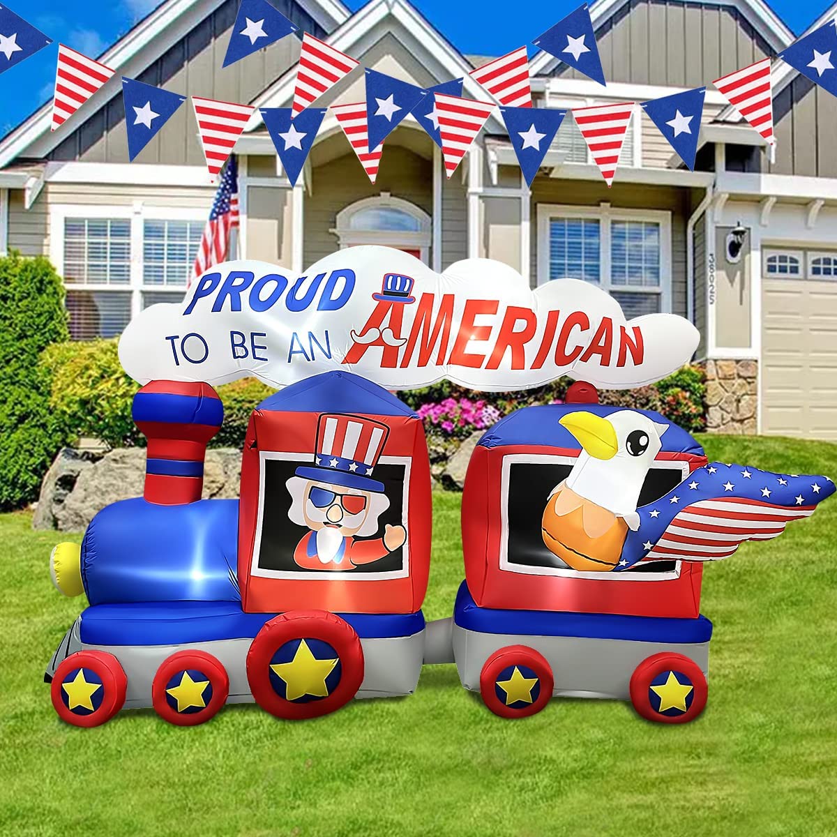 8 FT Independence Day Inflatable Uncle Sam Sitting on Train w/ Eagle & LEDs