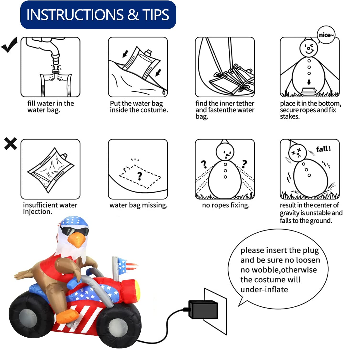 6 FT Long Patriotic Independence Day 4th of July Inflatable Bald Eagle Sitting on Motorcycle w/ LEDs