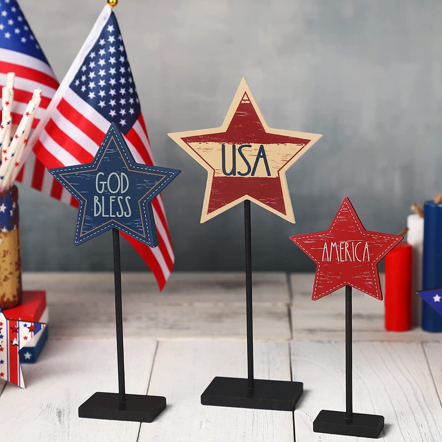 3 Pieces 4th of July Patriotic Decorations Wood Star Decoration (Classic Style)