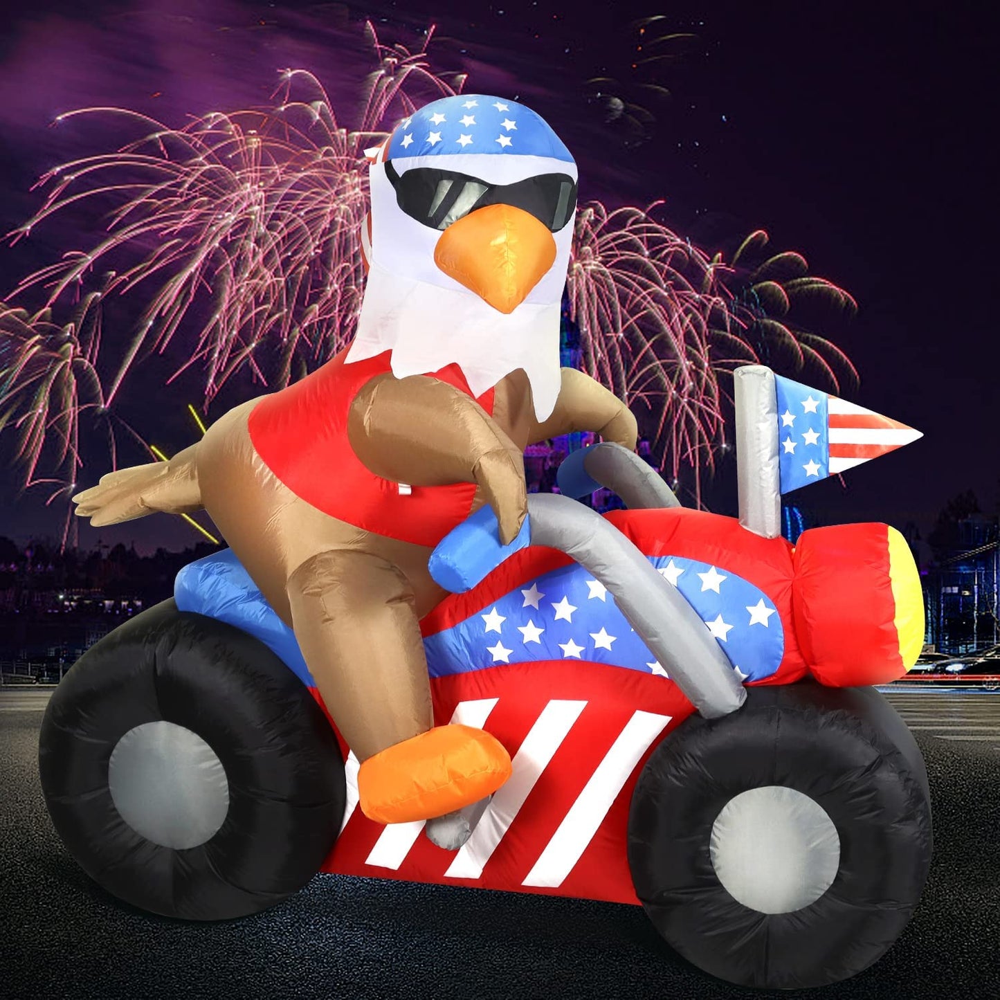 6 FT Long Patriotic Independence Day 4th of July Inflatable Bald Eagle Sitting on Motorcycle w/ LEDs