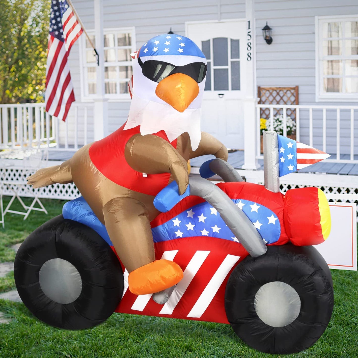 6 FT Long Patriotic Independence Day 4th of July Inflatable Bald Eagle Sitting on Motorcycle w/ LEDs