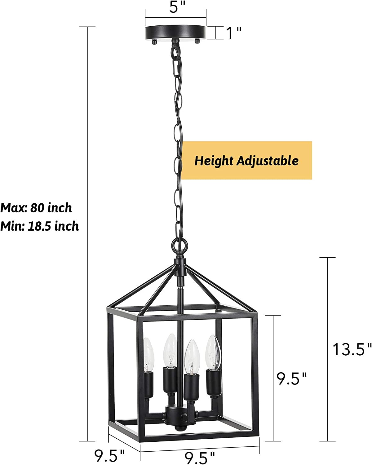 Black Farmhouse Chandelier 4-Light, Industrial Lantern Metal Frame, Rustic Cage