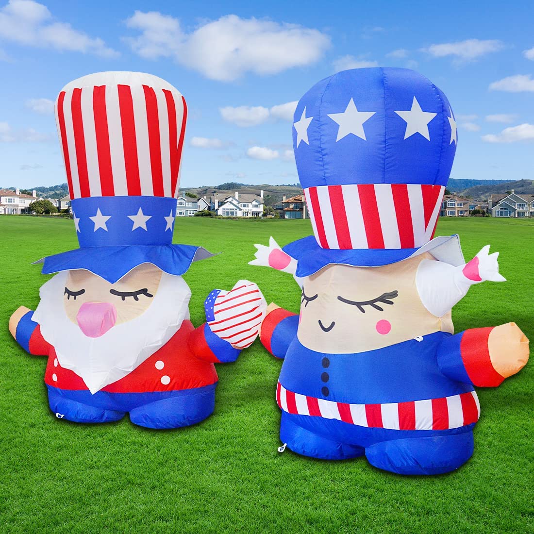 Independence Day July 4th Inflatable 7.2FT Long Gnome Couple w/ Built-in LEDs
