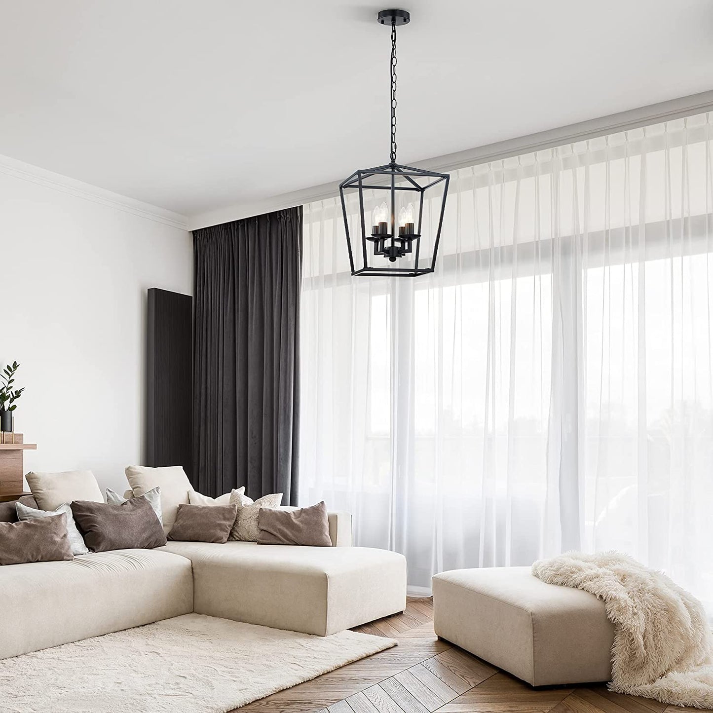 4-Light Farmhouse Lantern Chandelier Light Fixture Black, Rustic Pendant Light Fixture Adjustable Chain