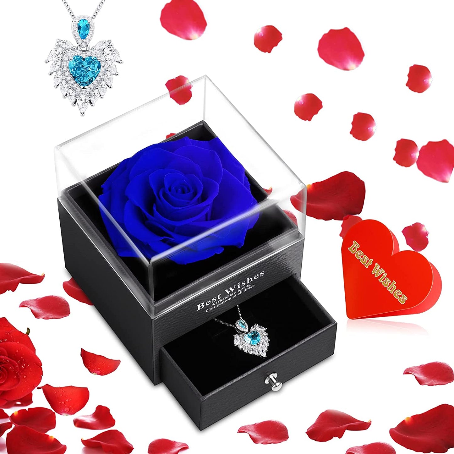 Preserved Blue Rose w/ Heart Necklace, Eternal Flowers Rose Gift for Mom| Girlfriend