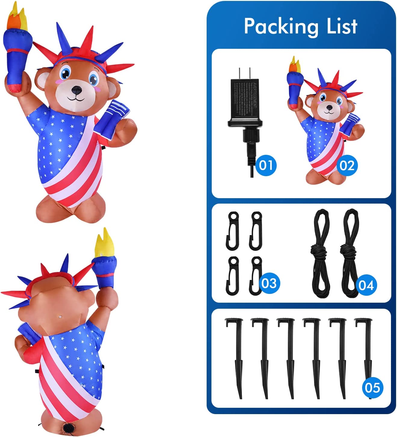 Patriotic Independence Day Inflatable Liberty Bear Statue Blowup w/ Built-in LED Light