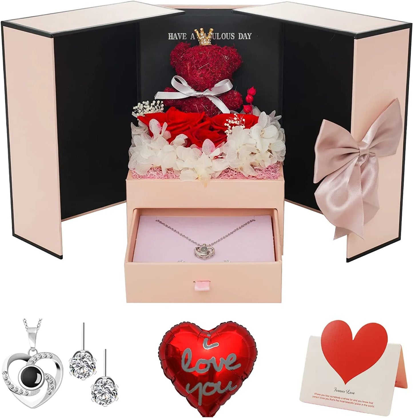 Preserve Rose Cute Bear Gifts Set w/ Necklace w/ Heart-Shaped I Love You in 100 Languages, Red