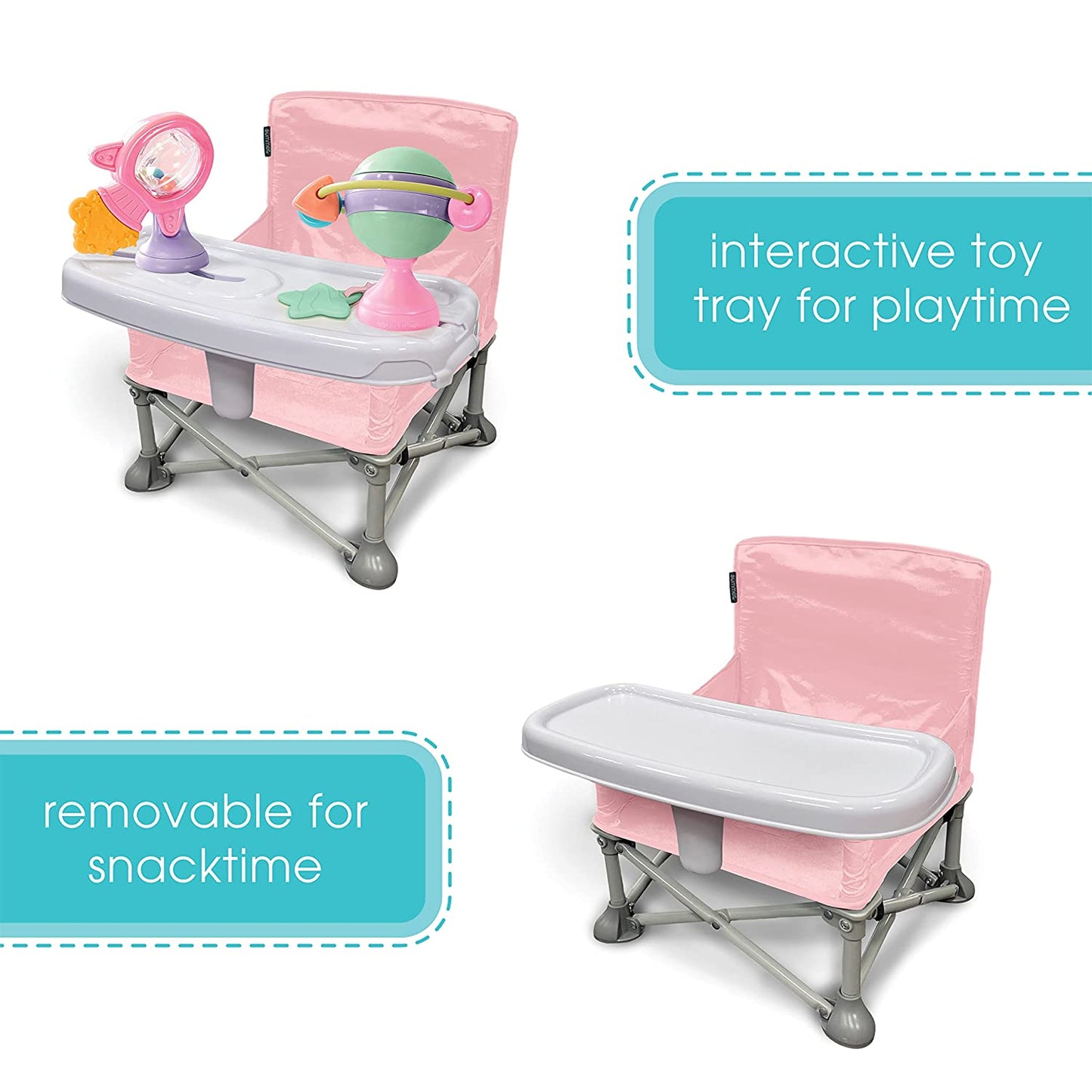 (Pink) Baby Pop Up Chair for Meals and Playtime with Removable Tray and Toys, Portable Booster Folds for Travel