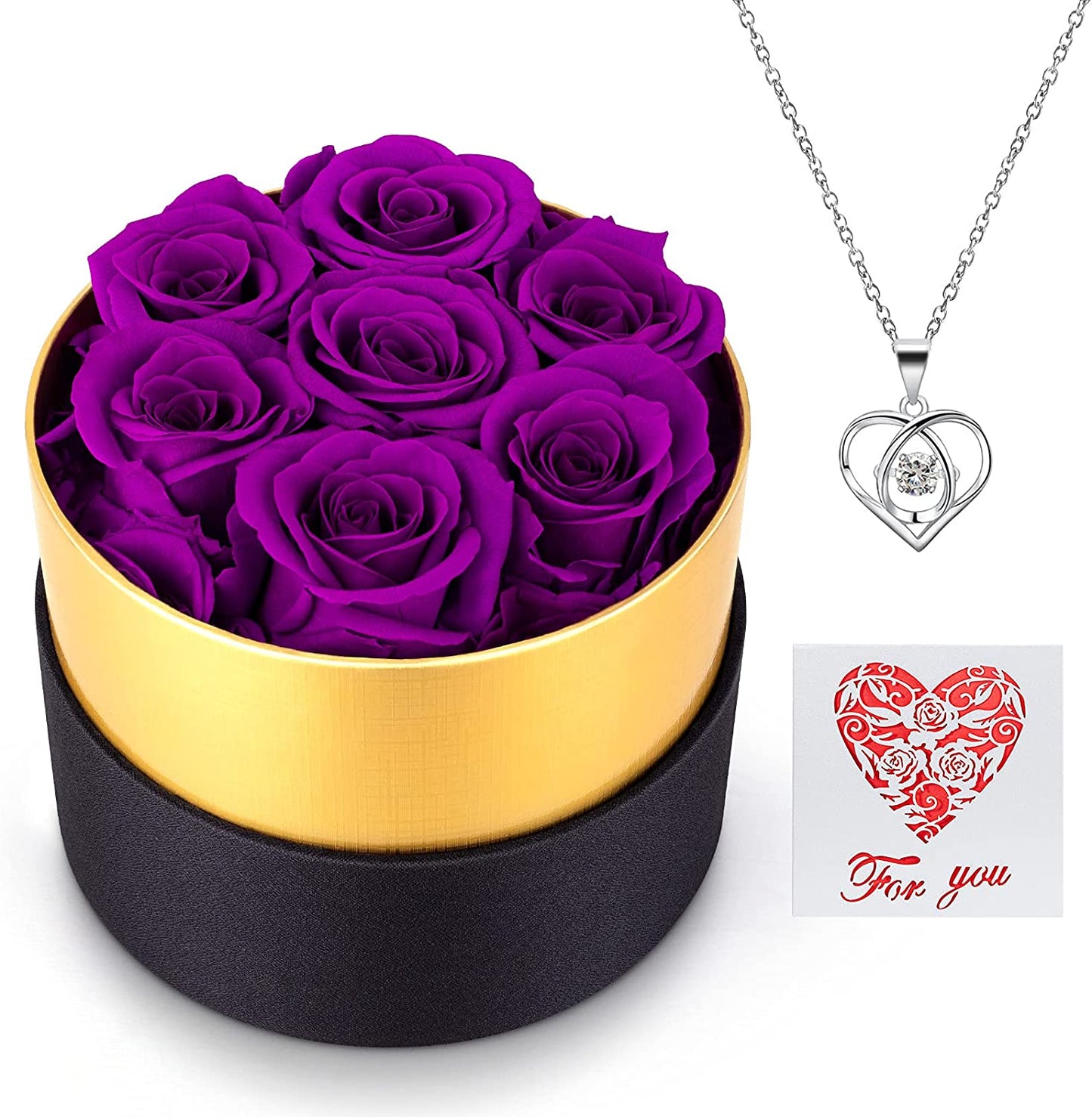 Preserved Real Roses w/ Heart Necklace, Valentines Day Gifts for Her, Forever Rose (Purple)