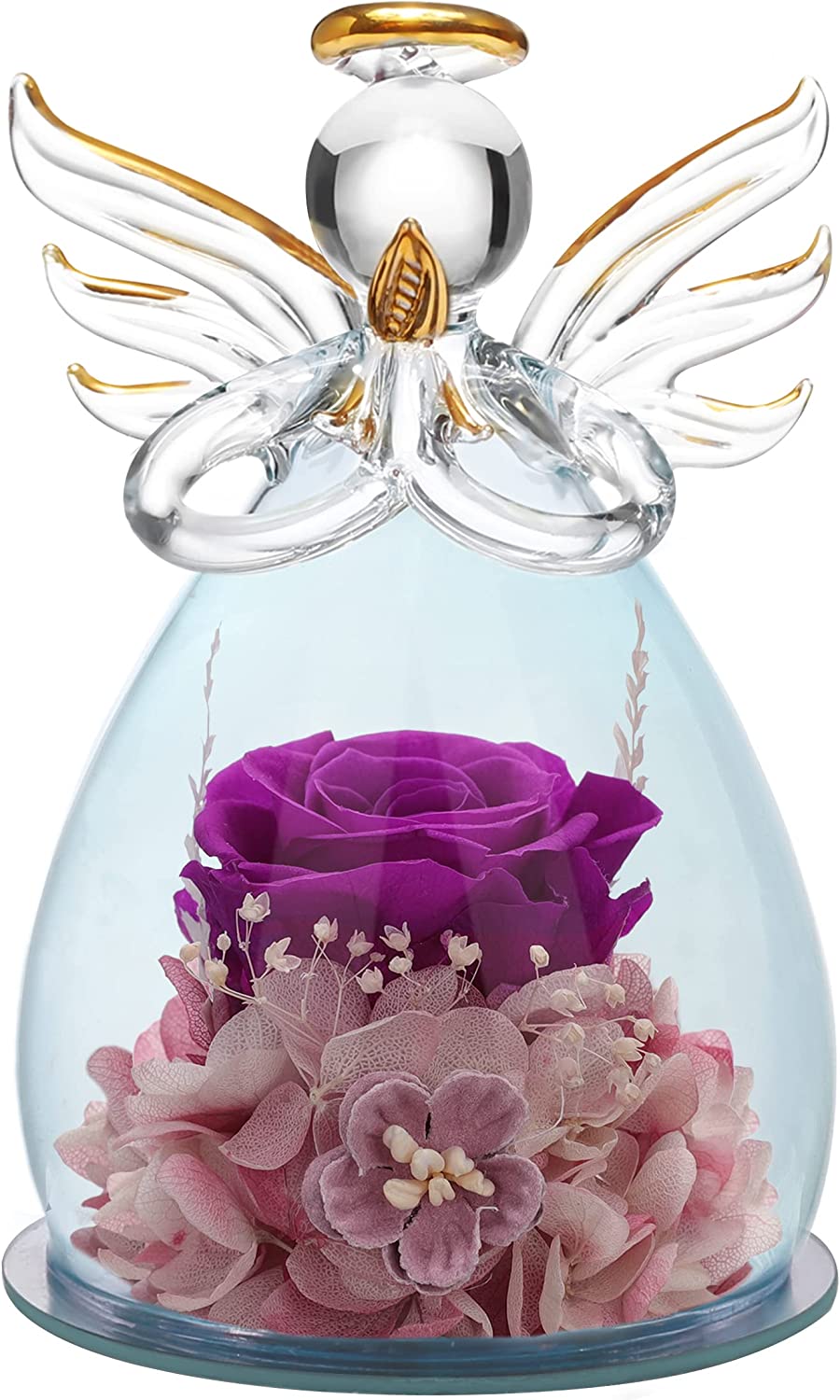 Valentines Day Preserved Rose, Glass Angel Figurines Gifts w/ Pretty Purple Flowers