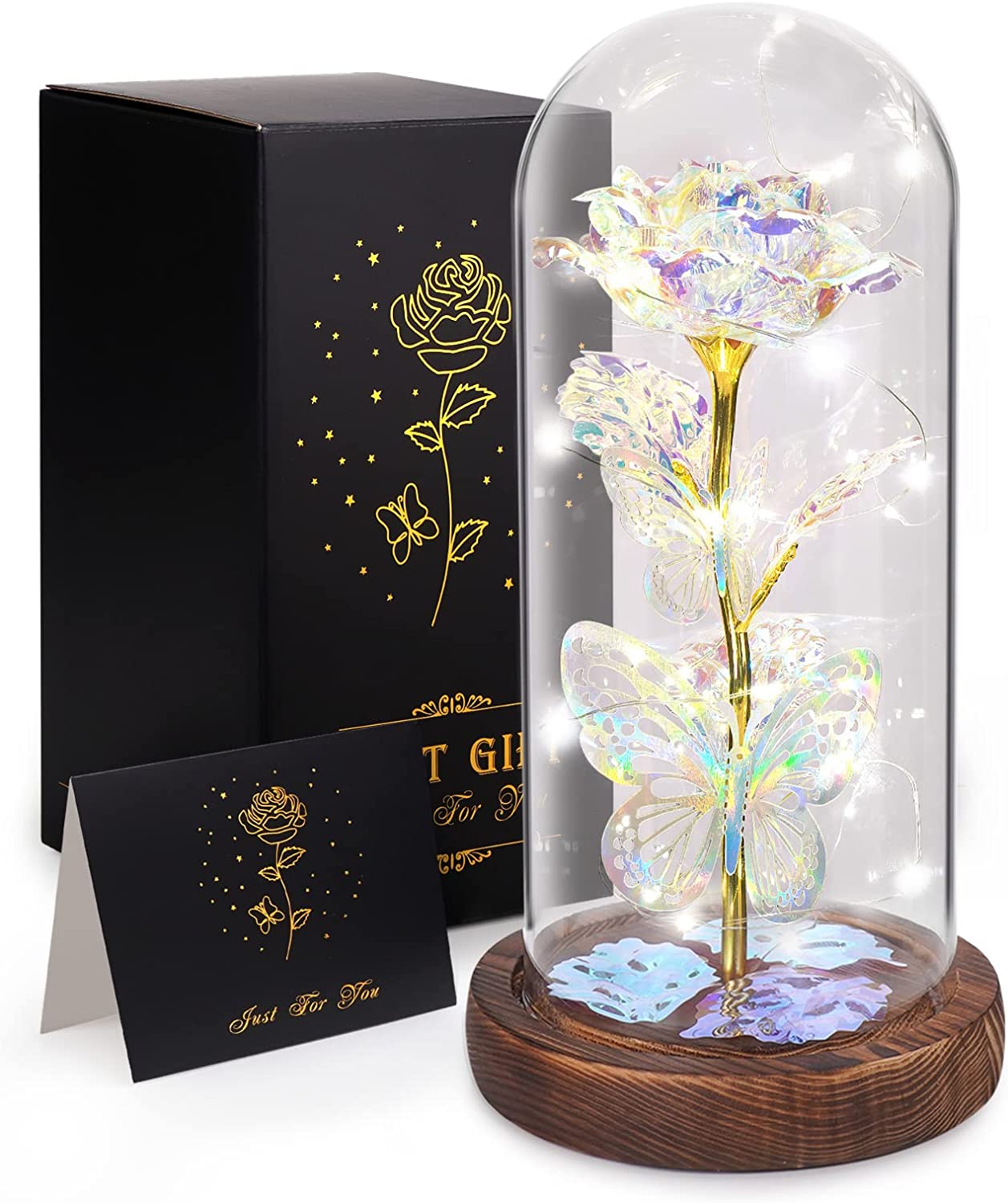 Valentines Day Gifts for Her,Light Up Preserved Galaxy Rose Flower Butterfly in Glass Dome, Silver