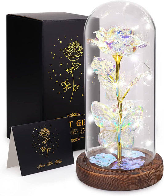 Valentines Day Gifts for Her,Light Up Preserved Galaxy Rose Flower Butterfly in Glass Dome, Silver