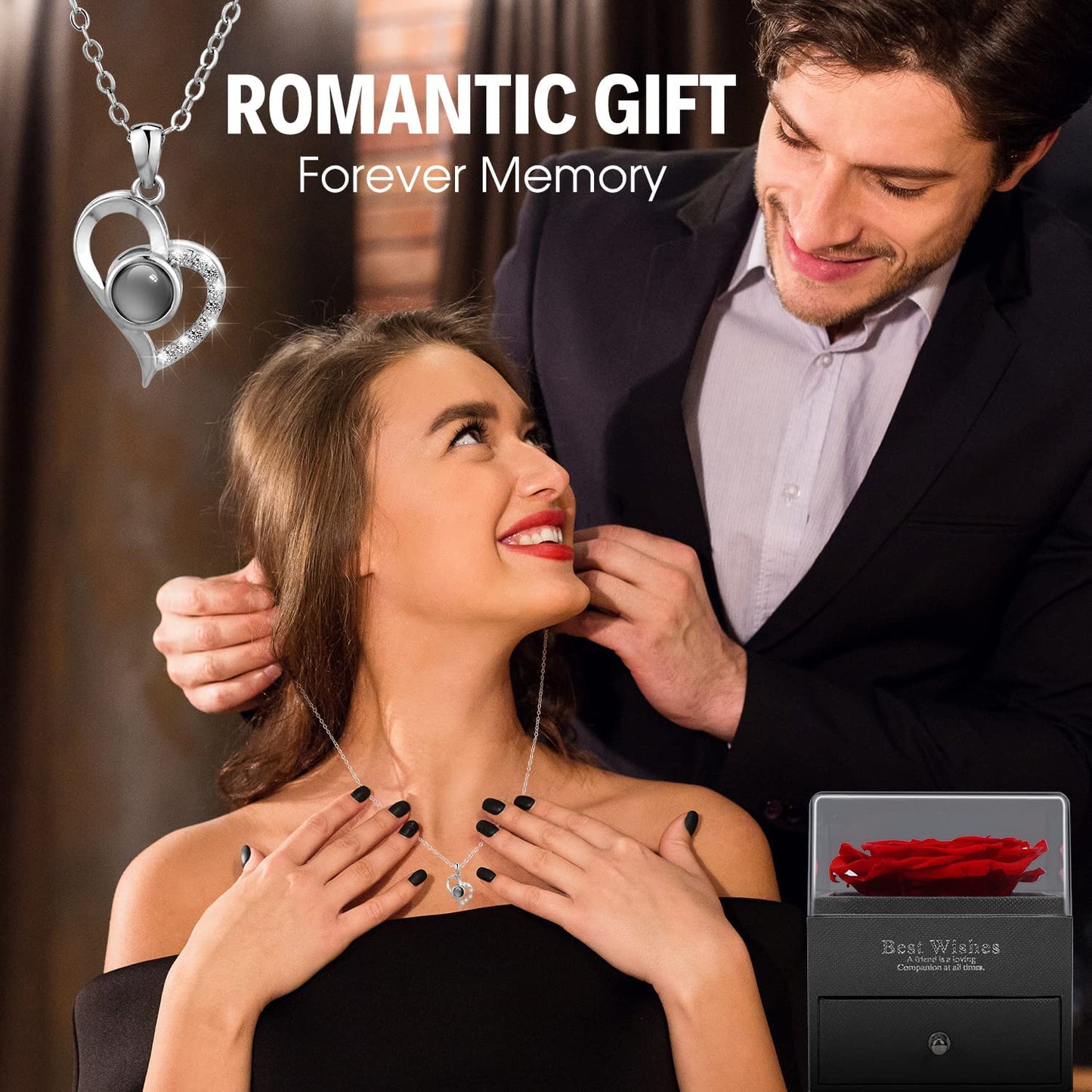 Preserved Real Rose Flower Mothers Day Gifts w/ I Love You 100 Languages Heart Necklace-Red