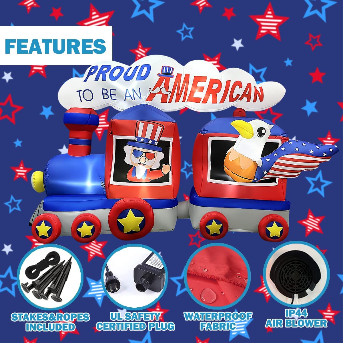 8 FT Independence Day Inflatable Uncle Sam Sitting on Train w/ Eagle & LEDs