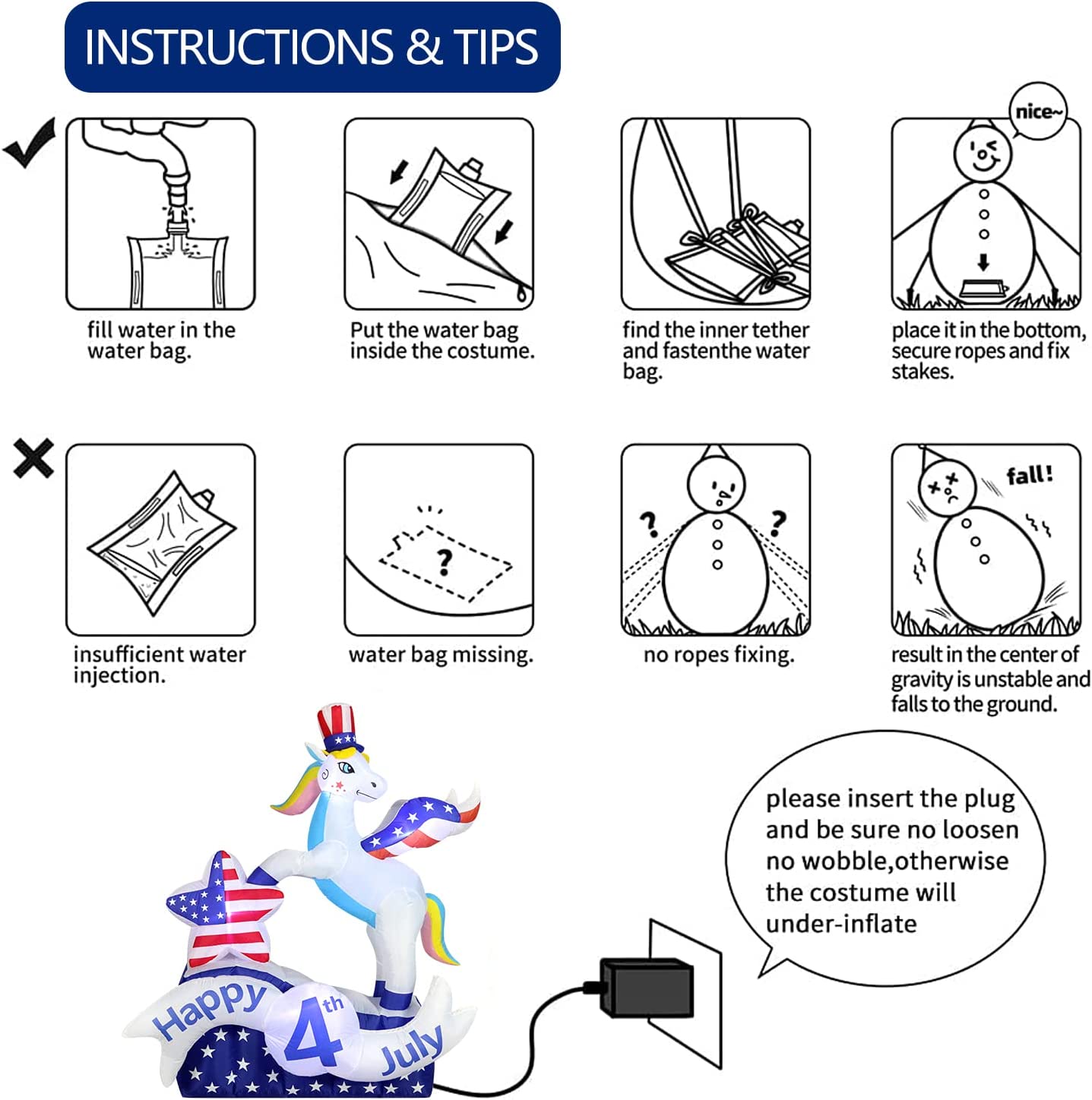 6 FT Tall Patriotic Independence Day 4th of July Inflatable Stars & stripes Unicorn Star w/ LEDS