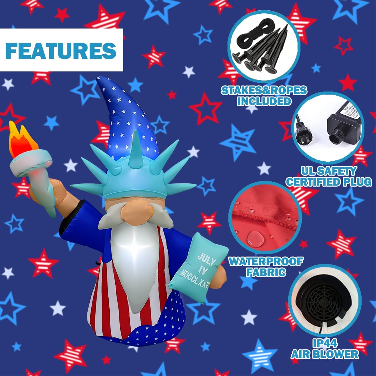 5 Ft Patriotic Independence Day Inflatable Statue of Liberty Gnome Decoration w/ LED