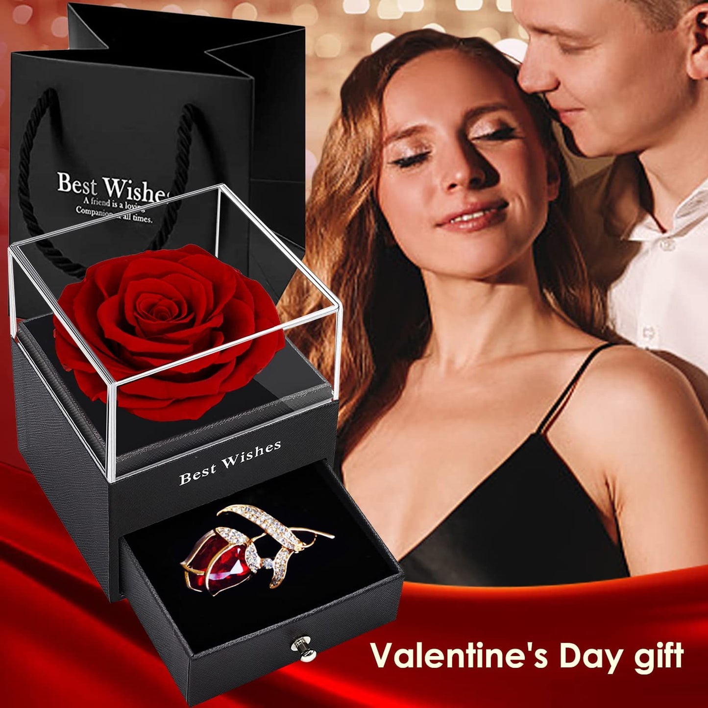 Red Rose Gift Box- Enchanted Real Rose w/ Ruby Rose brooch, Eternal Rose Flower