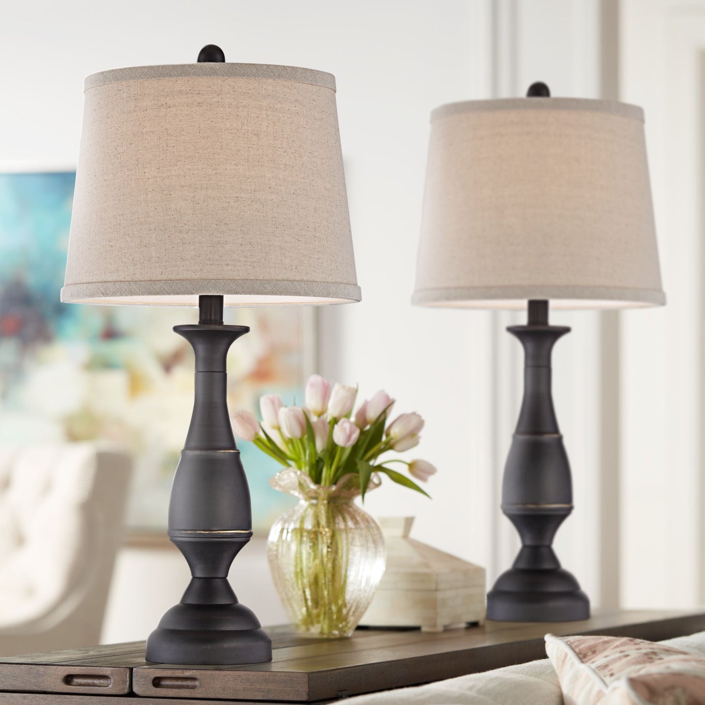 Traditional Table Lamps Set of 2 Dark Bronze Metal Beige Linen