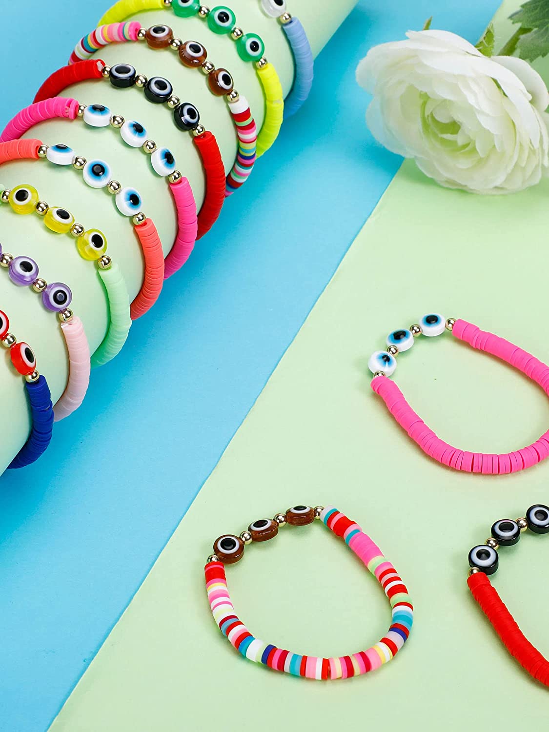 24 Pcs Colorful Kids Bracelet Adjustable Flat Beads Letter Heart Evil Eye Bracelets