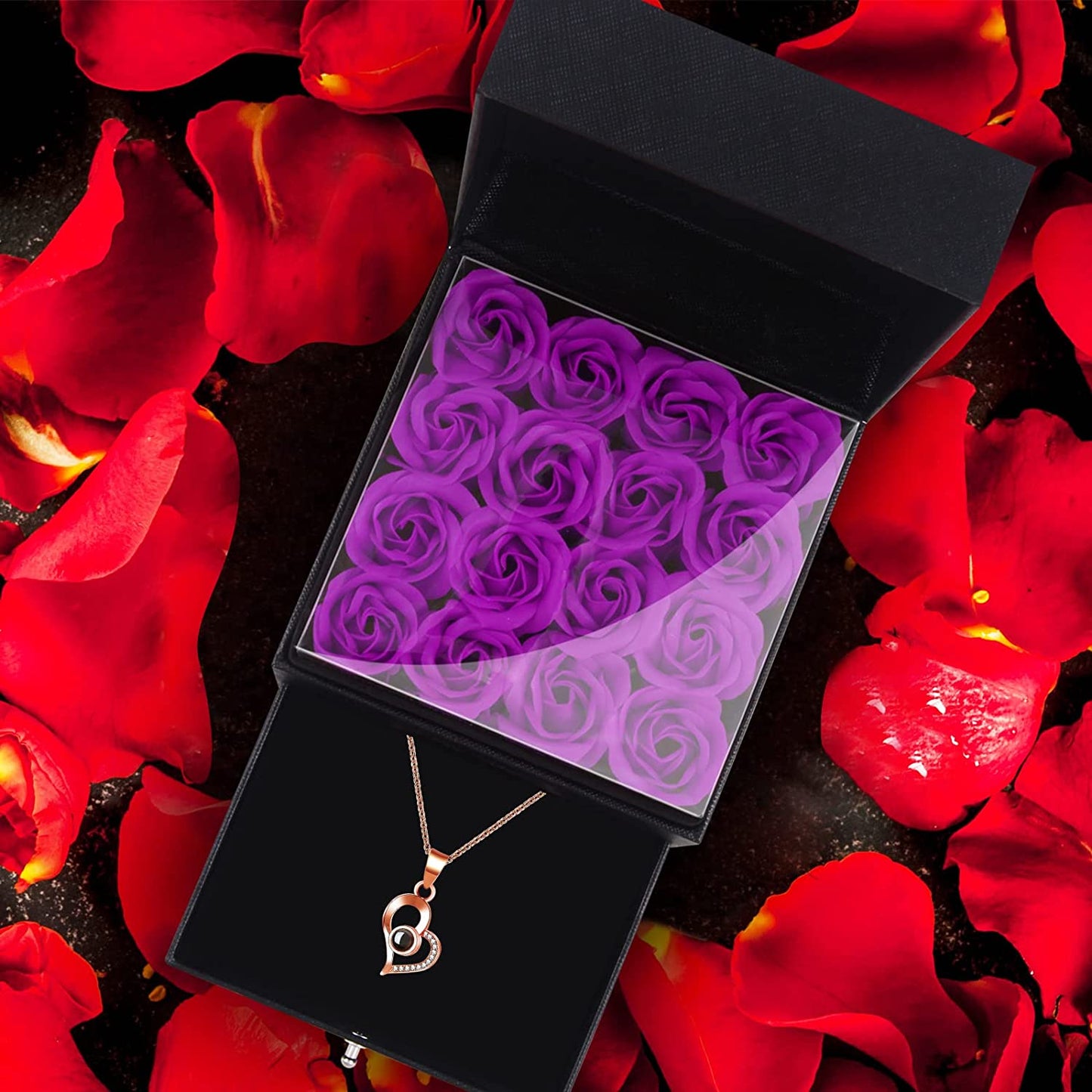 Eternal Preserved Rose, Handmade Soap Rose Flowers Box w/ Love You Necklace 100 Languages