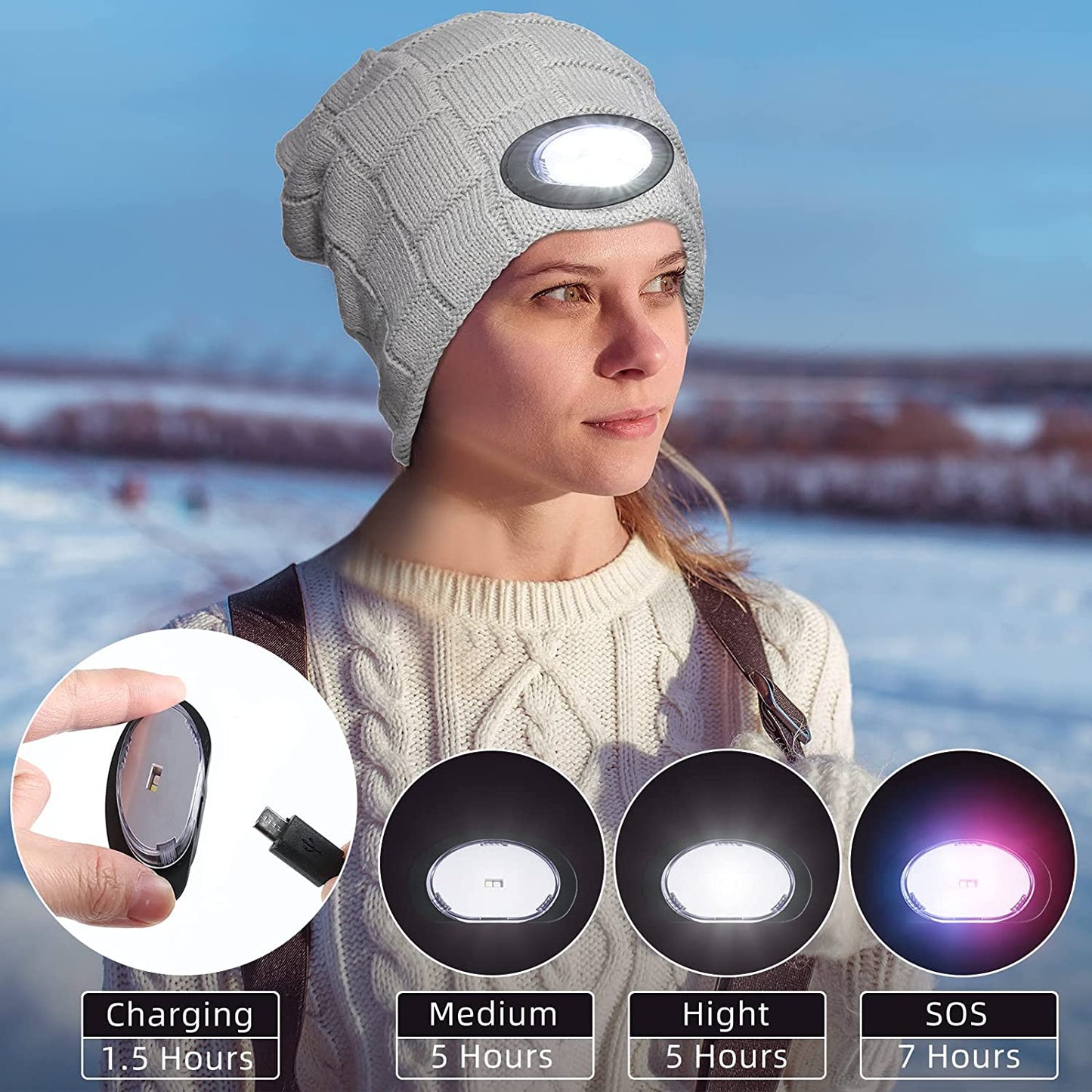 2 Pieces Beanie w/ LED Light USB Rechargeable Beanie Light Unisex Headlamp Winter Hat