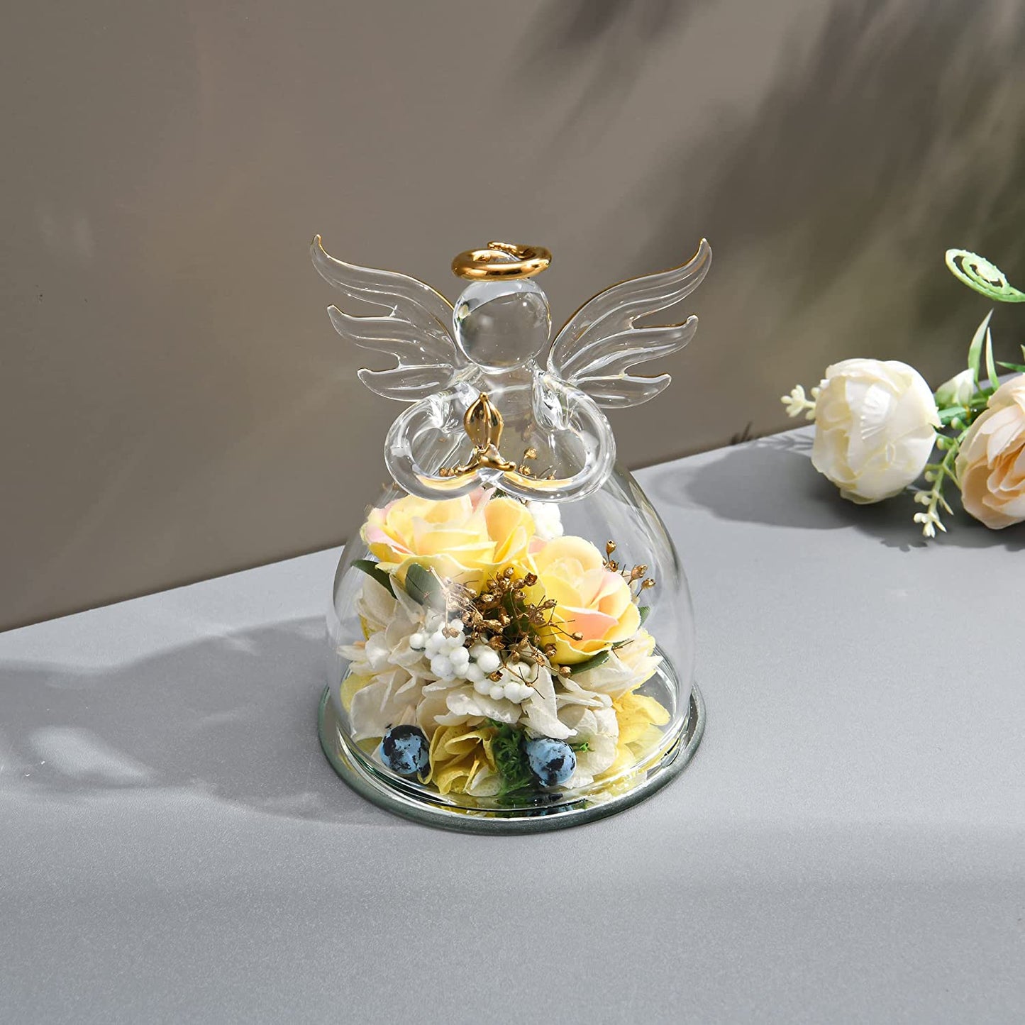 Mothers Day Gifts for Women Simulated Flowers Roses Hydrangeas Glass Angels (Yellow Pink)