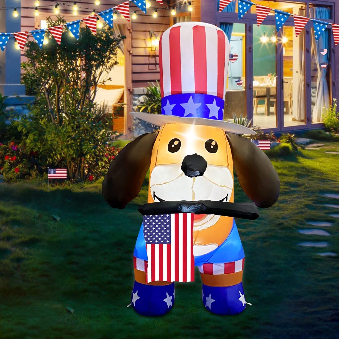 Independence Day July 4th Inflatable 4FT Dog w/ American Flag & LEDs