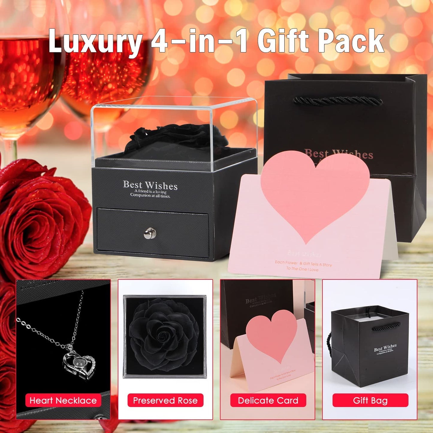 Preserved Real Rose Flower Mothers Day Gifts w/ I Love You 100 Languages Heart Necklace-Red