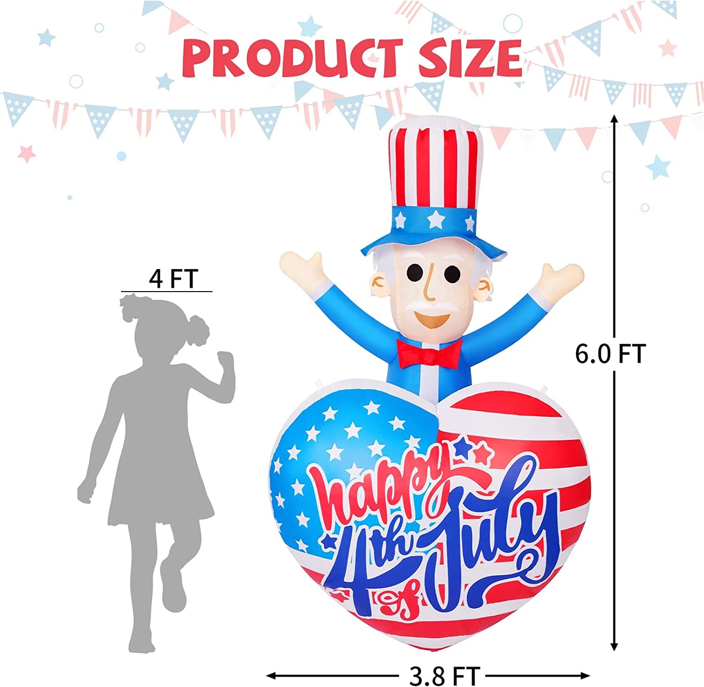 4th of July Inflatable Outdoor 6ft, Patriotic Uncle Sam w/ Heart for Independence Day
