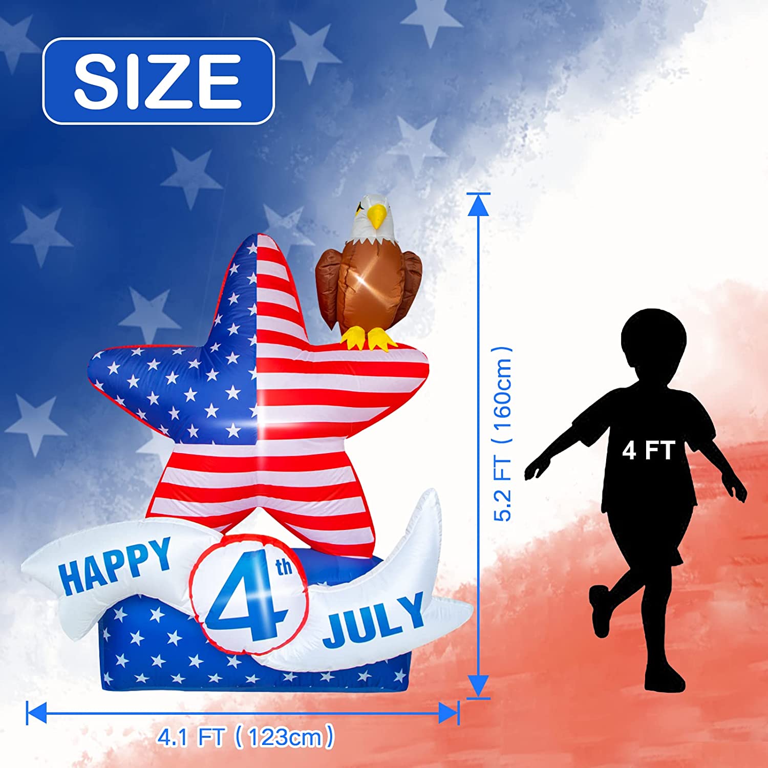 5.2FT 4th of July Inflatable Decorations,Star American Flying Bald Eagle with Build-in LEDs