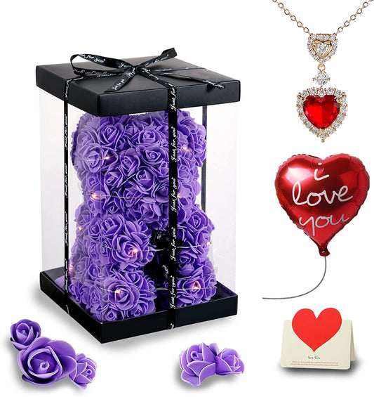 Purple Rose Bear Valentines Day Gifts w/ Box Lights Necklace Balloon Card