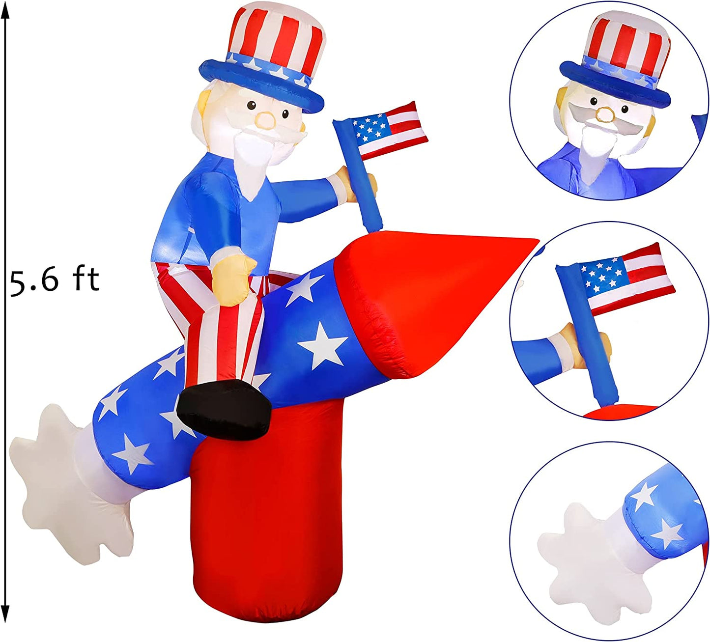 5.6 FT Patriotic Independence Day 4th of July Uncle Sam on Rocket w/ LEDS