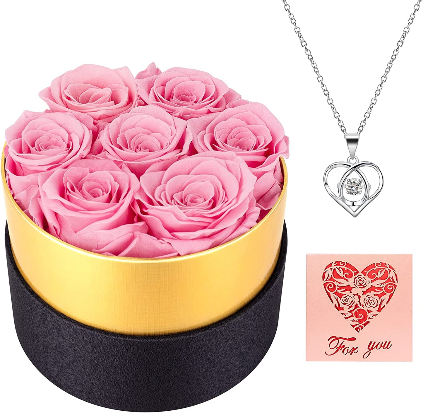 Preserved Real Roses w/ Heart Necklace, Valentines Day Gifts for Her, Forever Rose (Sweet Pink)