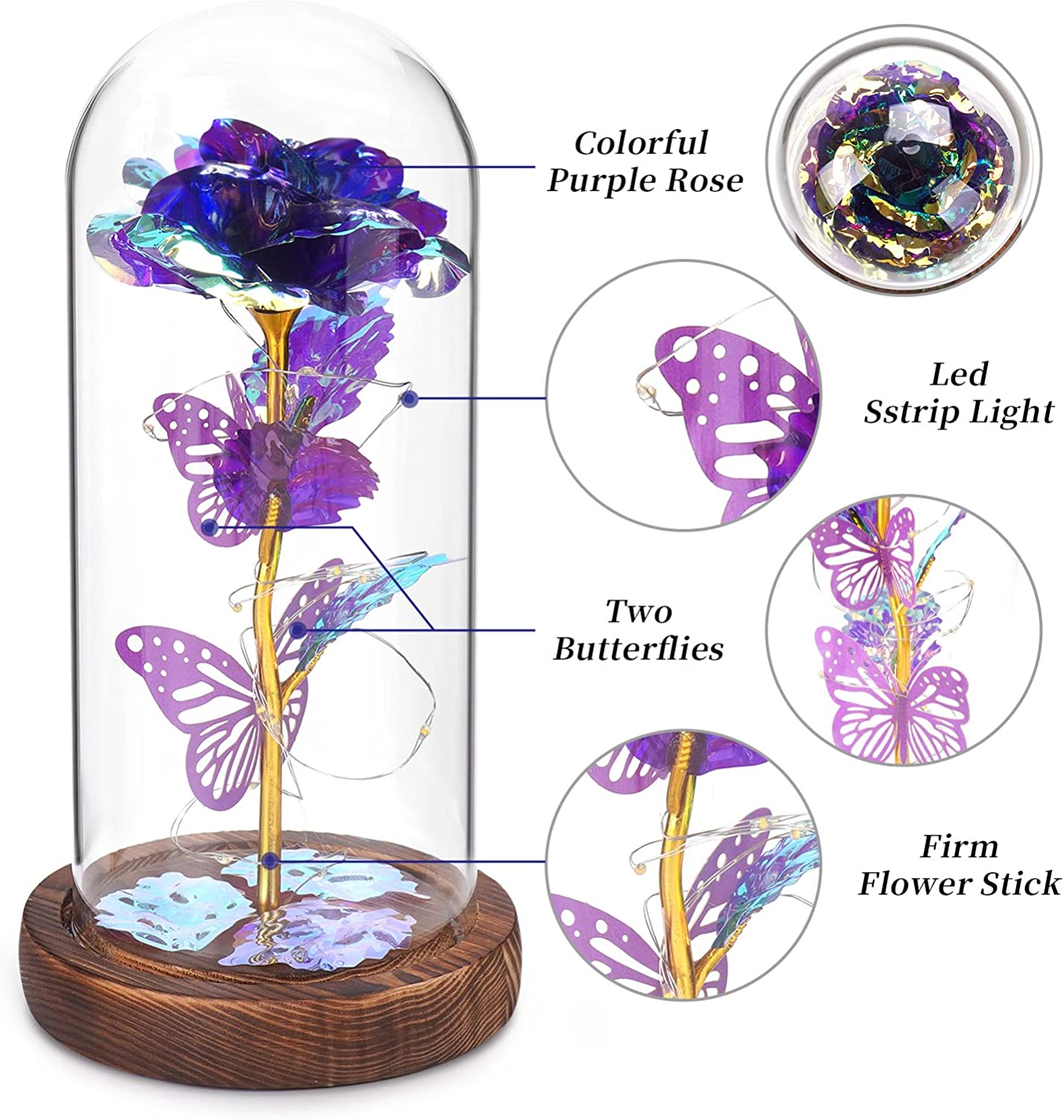 Valentines Day Gifts, Light Up Preserved Galaxy Rose, Flower Butterfly in Glass Dome, Purple