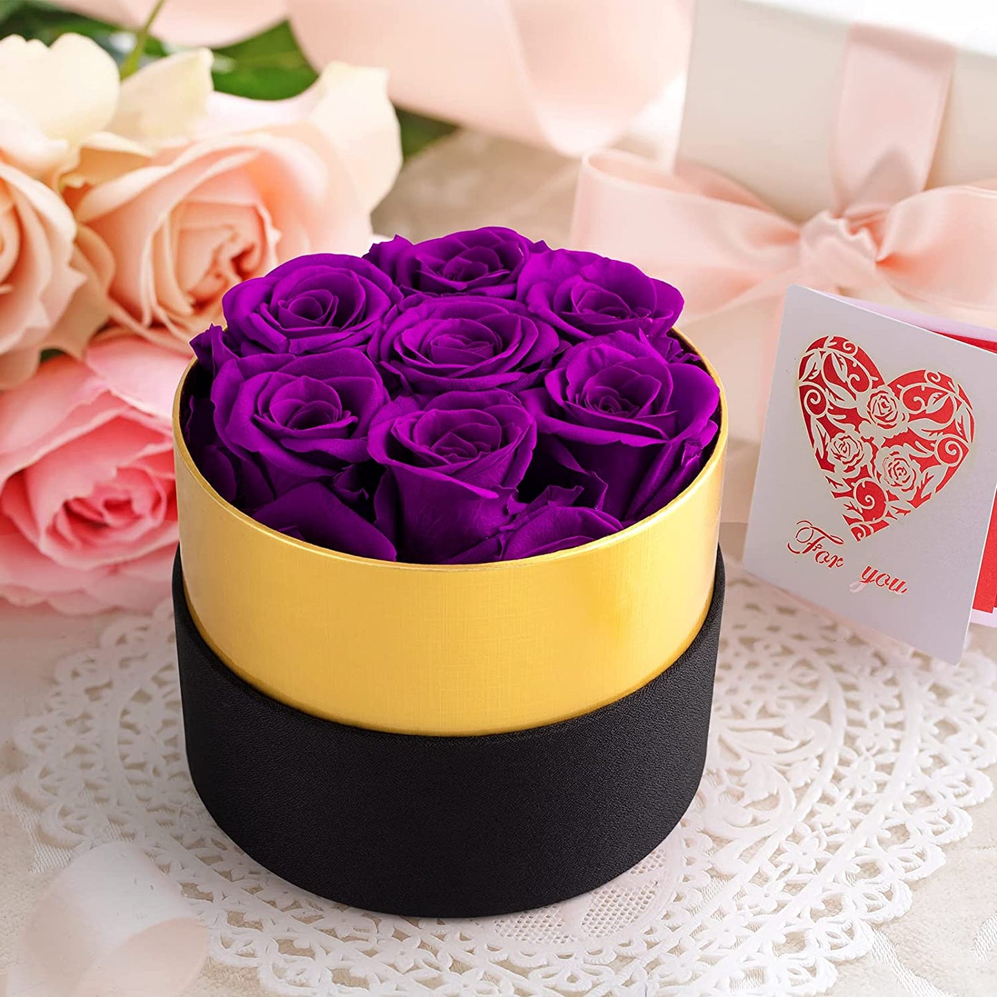 Preserved Real Roses w/ Heart Necklace, Valentines Day Gifts for Her, Forever Rose (Purple)